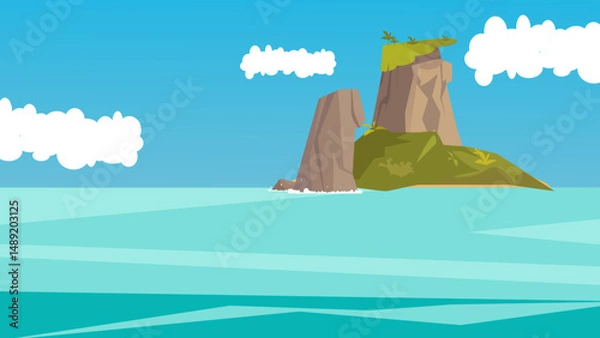 Fototapeta Tropical Island with Rocky Cliffs and Blue Ocean – Flat Vector Illustration