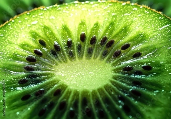 Fototapeta Close-up of a fresh green kiwi slice with visible seeds and sparkling moisture conveying freshness and juiciness