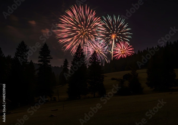 Fototapeta Colorful fireworks over dark forest at night