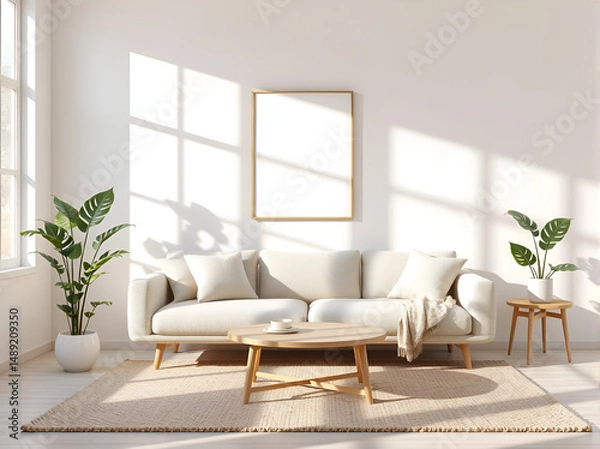 Fototapeta scandinavian living room with beige sofa, empty frame mockup, monstera plant, and round table in warm natural light