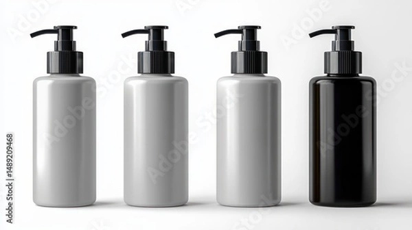 Fototapeta Four plastic pump bottles standing side by side on a white surface with three bottles in matte gray and one in glossy black under soft lighting