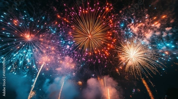Fototapeta Vibrant fireworks illuminate a dark night sky creating a festive atmosphere