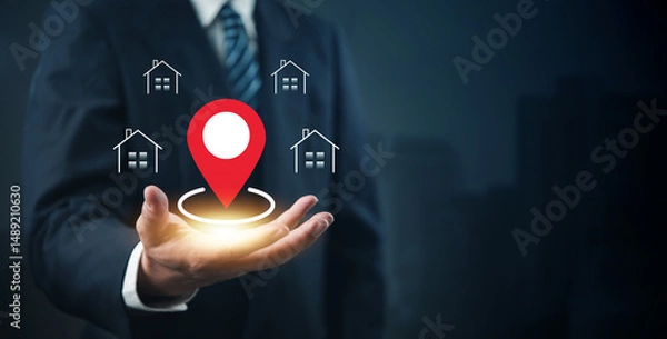 Fototapeta Real estate location concept with GPS pin and house icons, representing property search, map-based home listings, and smart housing navigation.