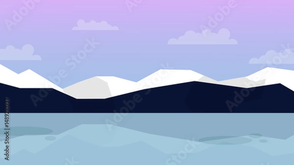 Fototapeta Snowy Mountains and Lake at Dusk – Minimal Flat Vector Landscape