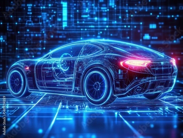 Fototapeta futuristic digital blue neon hologram of a sports car surrounded by glowing circuitry and data lines