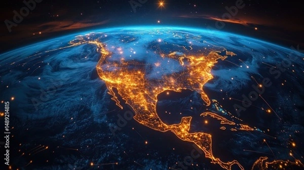Fototapeta Illuminated map of North America seen from space at night with glowing city lights and surrounding clouds under a dark starry sky