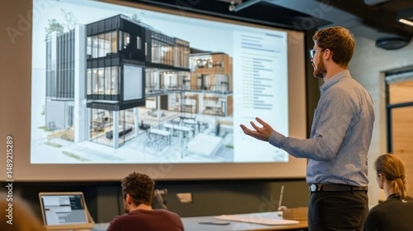 Obraz Architect presents public transport hub design, explaining layout and flow with blueprints.