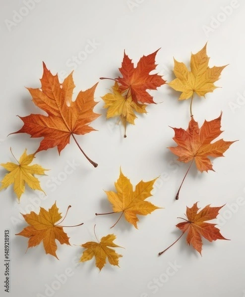 Fototapeta Several maple leaves in various stages of fall, gracefully descending on stark white ,  vibrant colors,  isolated,  outdoor