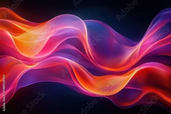 Fototapeta Vibrant colorful flowing waves with gradient shades of orange, pink, purple, and red creating an energetic and dynamic abstract visual effect on a dark background
