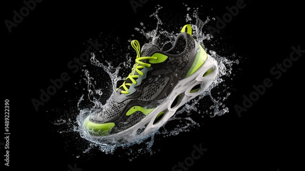 Fototapeta Athletic Running Shoe Floating Through Water Blast