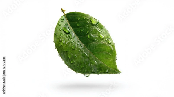 Fototapeta Lush Green Leaf Twisting in Water Droplets with Soft Natural Light