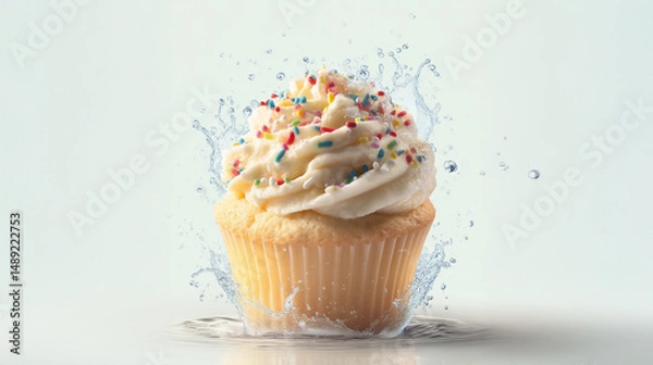 Fototapeta Frosted Cupcake with Sprinkles Twirling in Water Droplets with Bright Studio Light