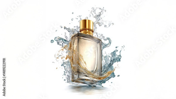 Fototapeta Elegant Perfume Bottle Suspended in a Water Splash with Glamorous Lighting