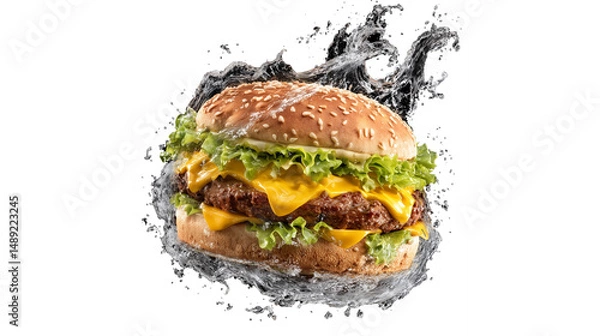 Fototapeta Delicious Cheeseburger Frozen Mid-Toss in a Splashing Water Twist