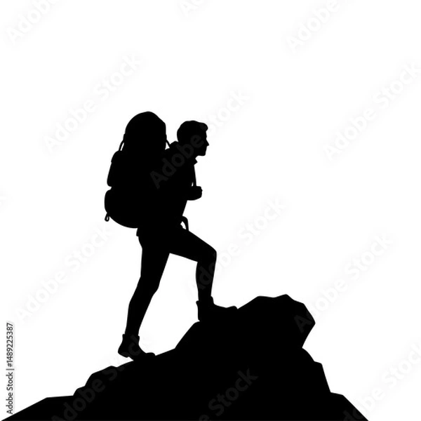 Fototapeta Silhouette of a hiker with a large backpack climbing a rocky peak against a white background view image