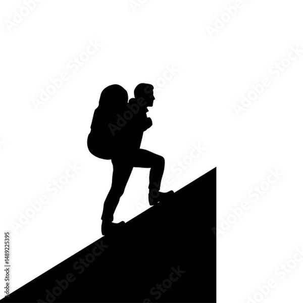 Fototapeta Silhouette of a hiker with a large backpack climbing up a steep hill against a white background