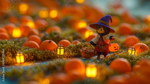Fototapeta Miniature Witch Child Trick-or-Treating in Pumpkin Patch