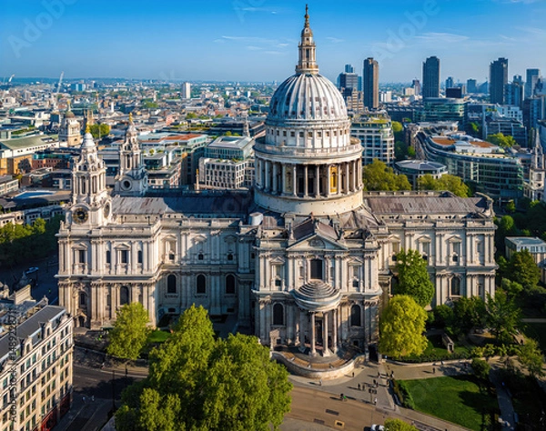 Fototapeta Aerial view of St. Paul’s Cathedral in London with surrounding cityscape under clear blue skies