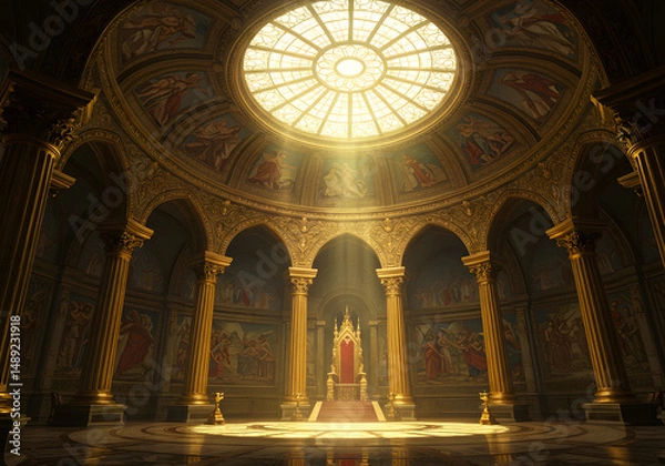 Fototapeta Grand interior architecture with golden columns and central throne