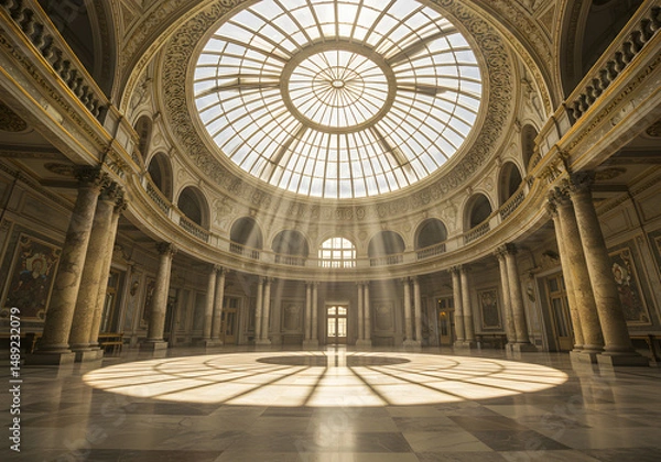 Fototapeta Grand interior hall with circular skylight and architectural details