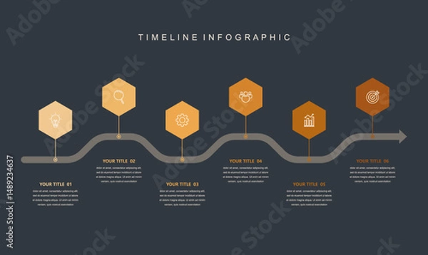 Obraz Business road map timeline infographic concept. with icons and 6 steps. Can be used for workflow layout, icons, diagram, report, web design Creative. marketing data. Vector illustration