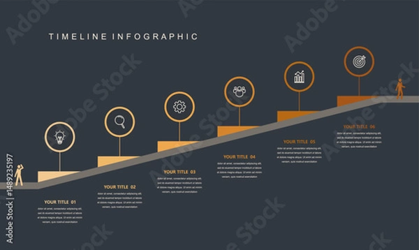Fototapeta Business road map timeline infographic concept. with icons and 6 steps, Corporate milestones graphic elements. workflow layout, diagram, report, web design. Creative, vector