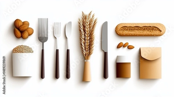 Fototapeta Flat lay of food items including grain, wheat, almonds, silverware, and packaging