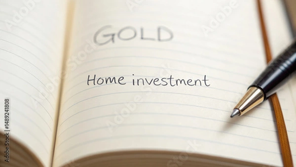 Fototapeta Home gold safe investment concept written on notebook with pen for financial planning and secure future ideas