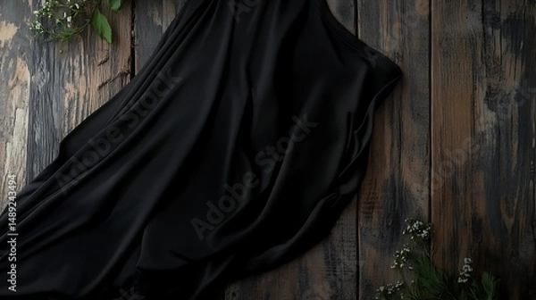 Fototapeta Black fabric drape on rustic wood