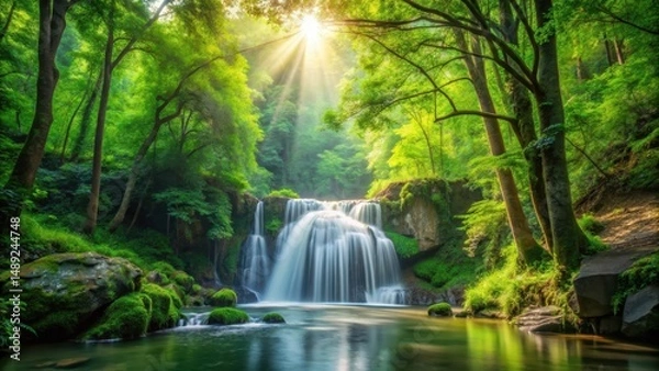 Fototapeta Waterfall cascading through lush green forest scenery with sunlight filtering through the trees, nature, scenery
