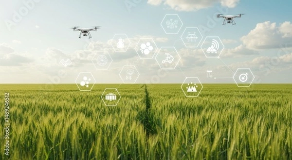 Obraz Drone technology over a wheat field.  Monitoring and data collection in agriculture