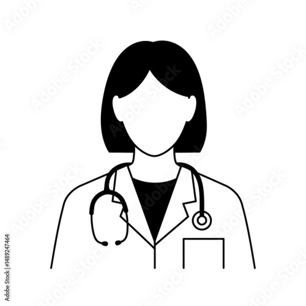 Fototapeta Line drawing of a female doctor with a stethoscope and lab coat in black and white illustration style