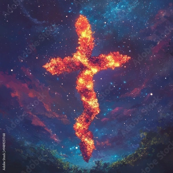 Obraz Cross of fire against the evening sky background - religious symbol, spiritual design, faith art