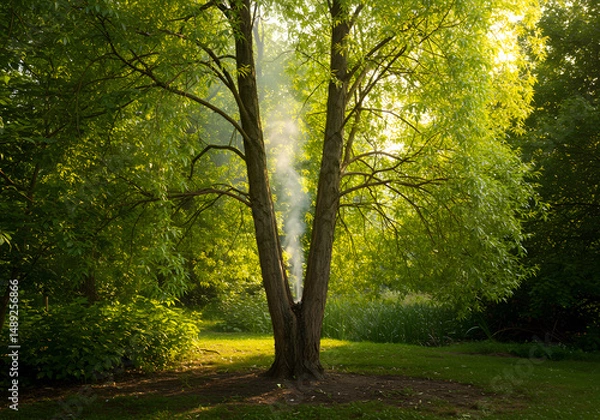 Fototapeta Smoke emerging from split tree trunk
