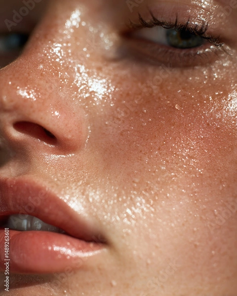 Obraz Artistic close-up of glowing, dewy skin under moody lighting, highlighting facial texture and natural luminosity