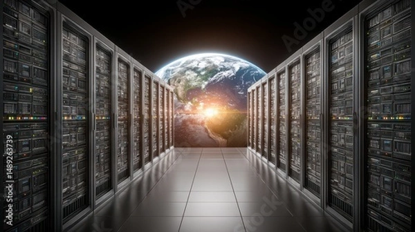 Obraz Global Network  Server Room  Data Center  Earth  Technology  Innovation