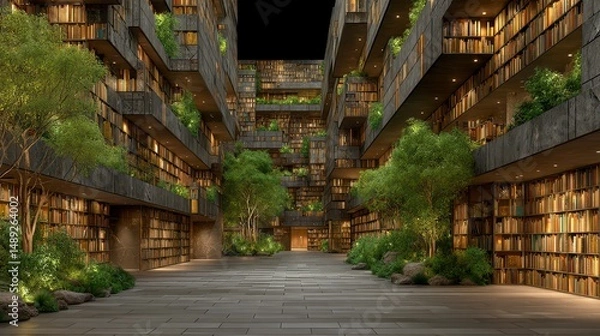 Obraz Serene Library Courtyard  Bookshelves  Greenery  Architecture  Night