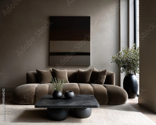 Obraz Modern minimalist interior with a plush brown sectional sofa, black stone coffee table, and soft abstract art, accented by natural light and an olive tree in a ceramic pot.