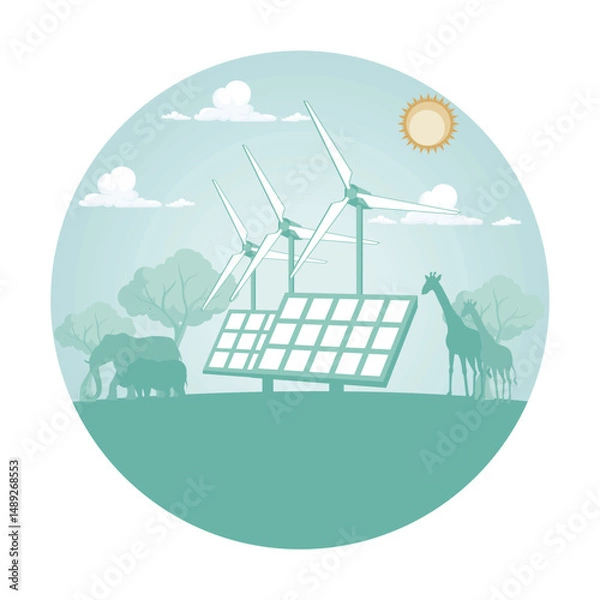 Obraz Sustainable of animals green ecology and Wildlife with Wind Turbines and Solar Panels in Nature.