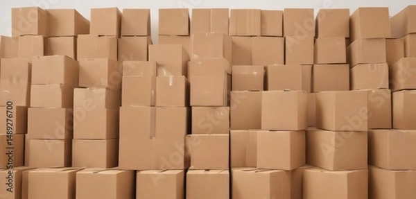 Fototapeta Neatly stacked brown cardboard boxes on pristine white background , horizontal, sustainable, still life
