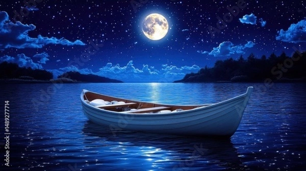 Fototapeta Illuminated Rowboat Under Moonlight in Night Sky Reflecting Tranquil Water Scene