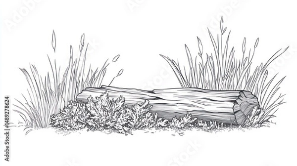 Fototapeta Fallen log in meadow, grasses background, nature illustration, design element