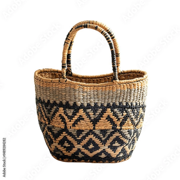 Obraz Bohemian Straw Tote Bag with Intricate Woven Pattern Isolated on Transparent Background