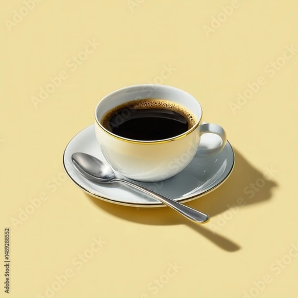 Obraz Elegant Coffee Cup with Spoon on Simple Yellow Background