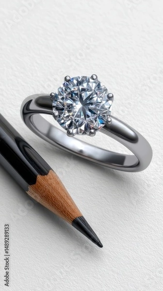 Obraz Elegant Diamond Ring with Polished Band Next to Graphite Pencil