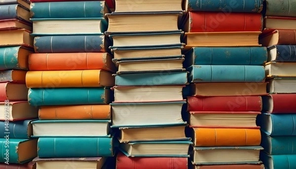 Fototapeta A big pile of books stacked together, reflecting educational activities and the spirit of graduation and achievement