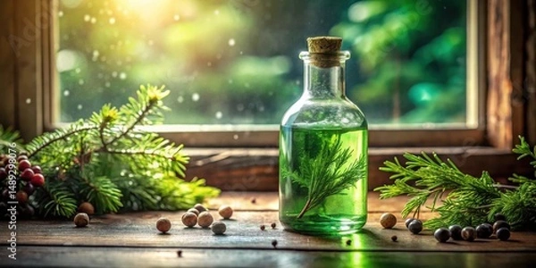Fototapeta Aromatic Herbal Remedy in Glass Bottle on Rustic Wooden Surface near Window with Natural Light