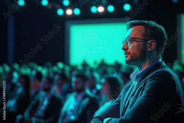 Fototapeta Focused man with glasses attentively watching presentation in a dimly lit conference room filled with seated audience under blue lighting