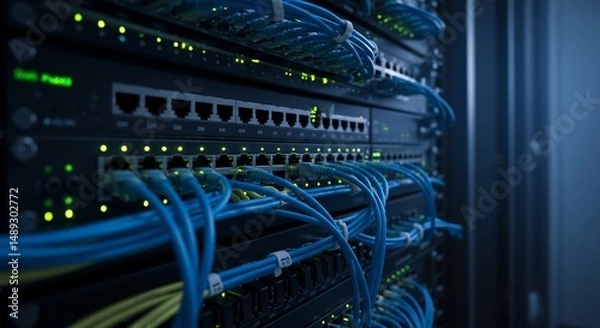 Obraz Interconnected server rack with blue cables