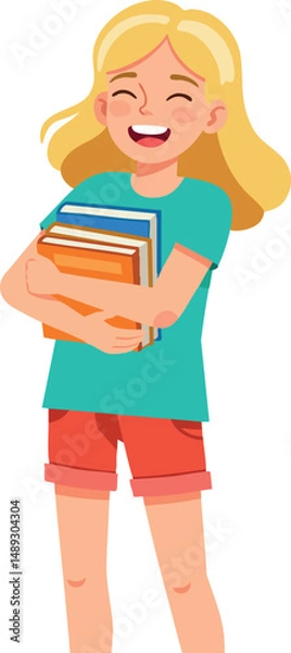 Fototapeta Happy girl holding books smiling in casual clothes vector illustration 